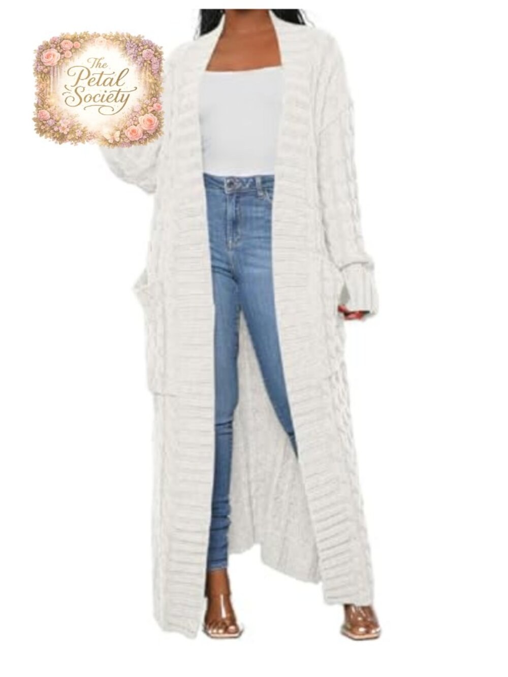 Cable Knit Maxi Cardigan Open Front Dual Pockets Long Sweater